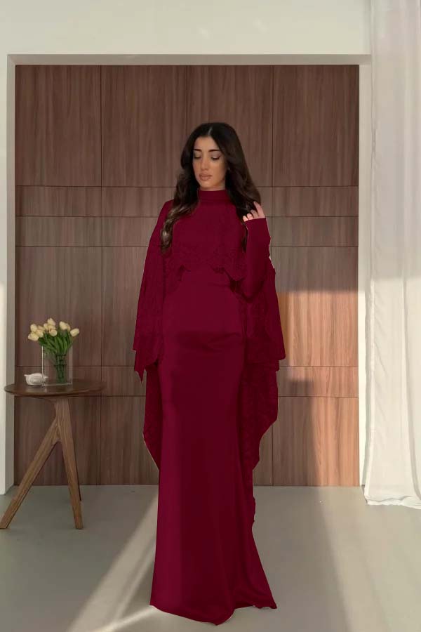 Satin And Lace High Neck Long Sleeves High-Waisted Long Mermaid Prom Dress With Cape