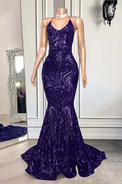 Mermaid Spaghetti Strap Sleeveless Royal Blue Long Prom Dress With Sequins