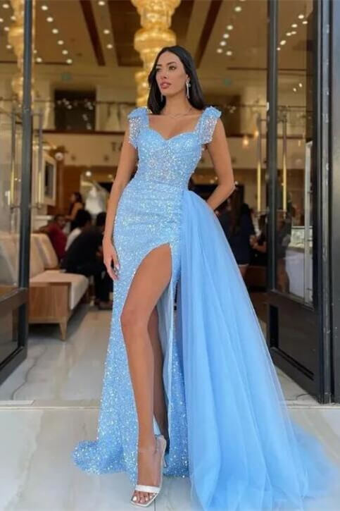 Sky Blue Sweetheart Straps Mermaid Evening Dress Split Tulle With Detachae Ruffles