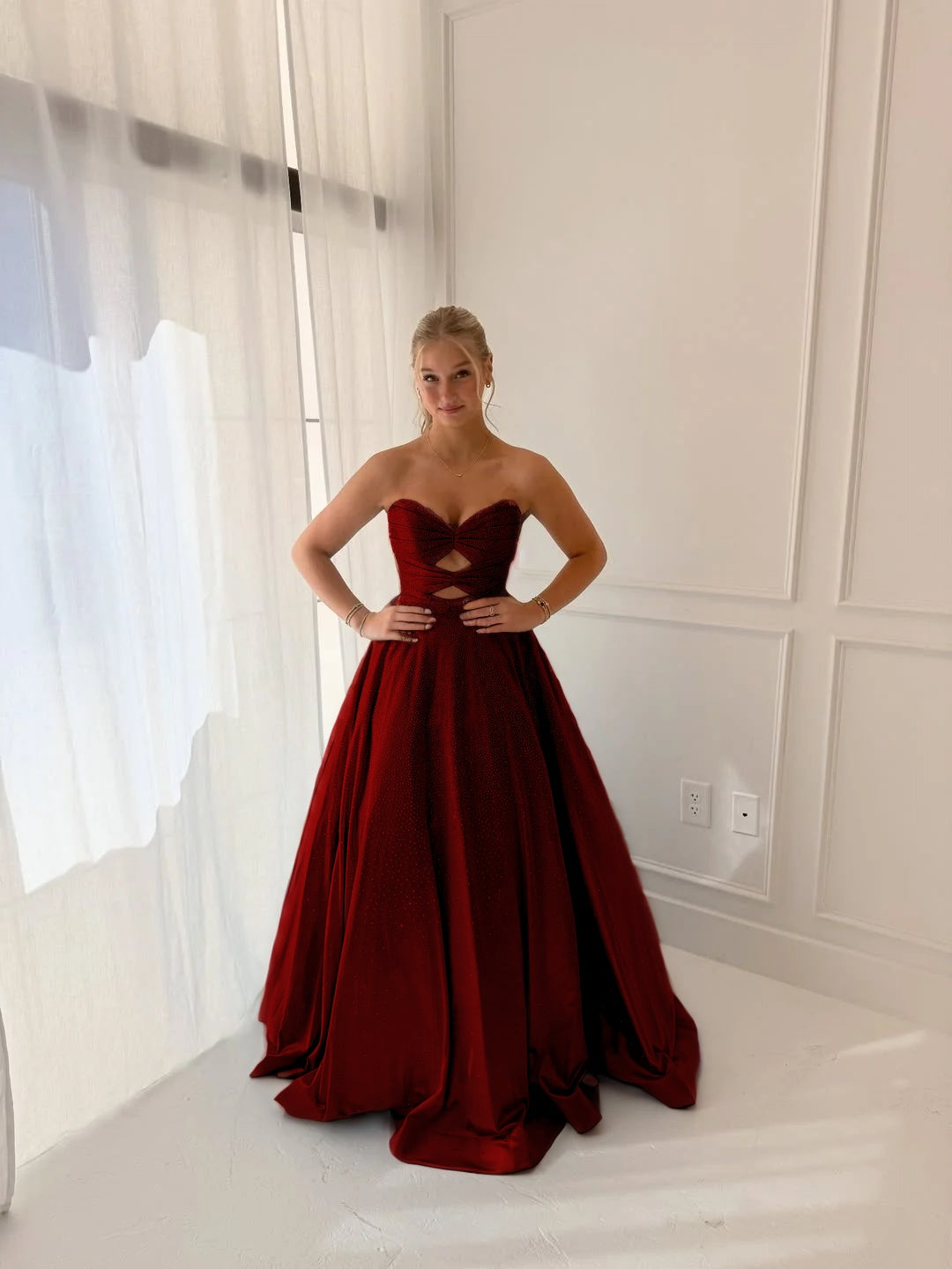Satin V-Neck Strapless Sleeveless Long A-Line Prom Dress With Pleated And Rhinstone