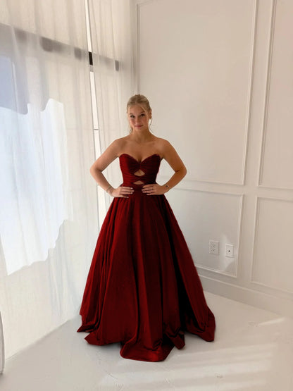 Satin V-Neck Strapless Sleeveless Long A-Line Prom Dress With Pleated And Rhinstone