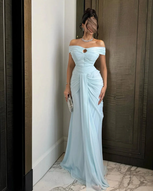 Dreamy Sky Blue Off-The-Shoulder Pleated Chiffon Prom Dress YK0784