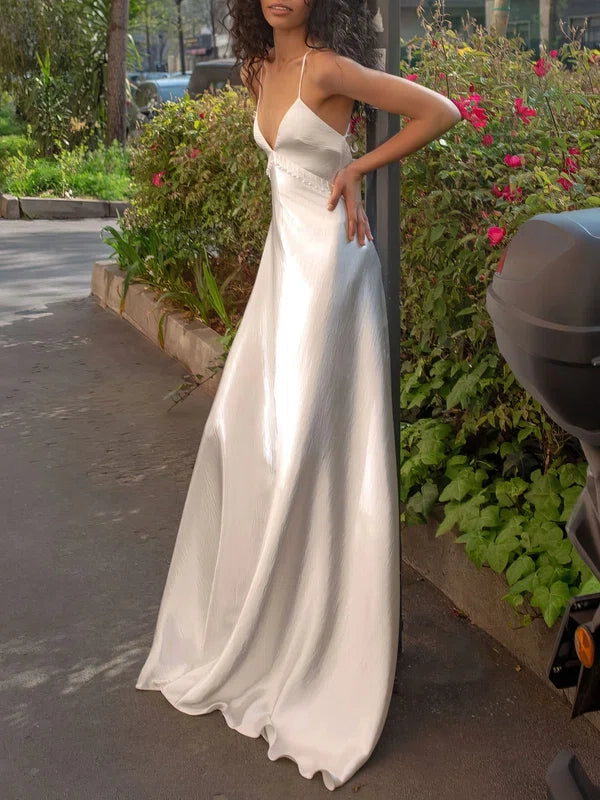 A-Line V-Neck Spaghetti Straps Chapel Train Satin Wedding Dresses
