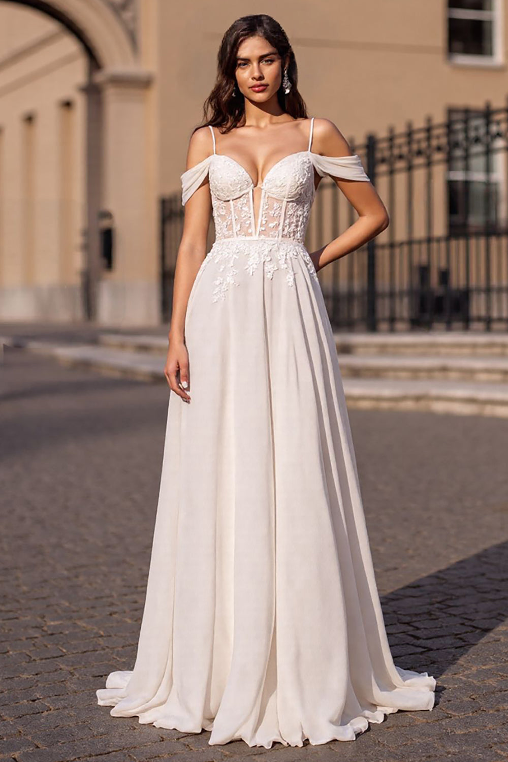 Off-the-Shoulder Sweetheart Chiffon Wedding Dress A-Line Appliques With Lace-up Back