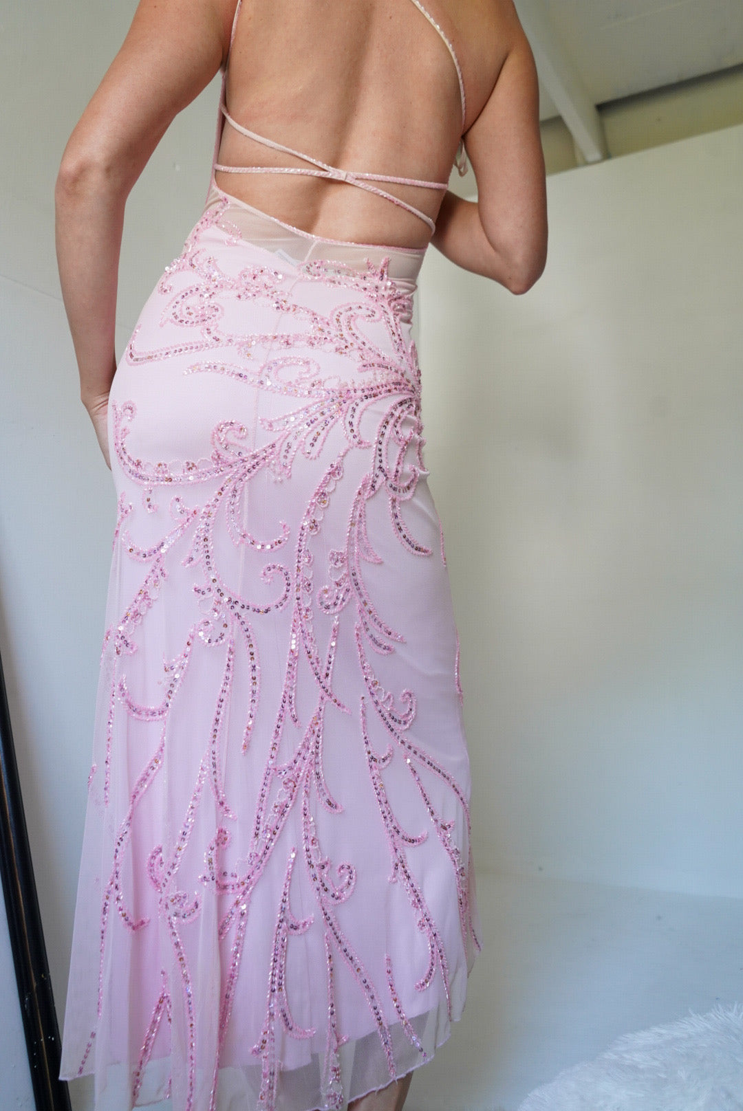 Baby Pink Beaded One Shoulder Mesh Gown