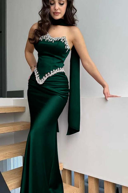 Satin Strapless Sleeveless Long Mermaid Pleated Prom Dress With Ruffles And Appliques