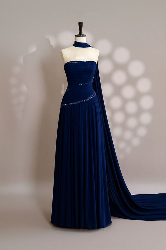 Unique A Line Strapless Royal Blue Chiffon With Scarf Prom Dresses Long Party Dress 18th Birthday Outfits Graduation Dress RB1253