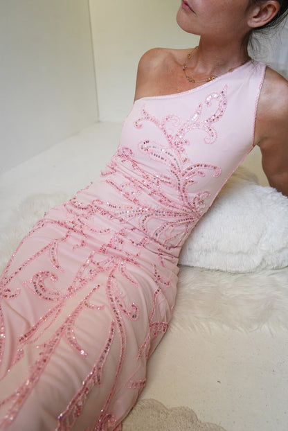Baby Pink Beaded One Shoulder Mesh Gown