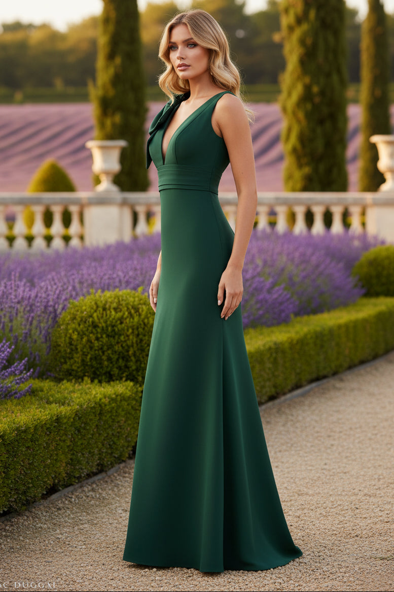 Green Sleeveless V Neck Bow Detail Mermaid Evening Dress