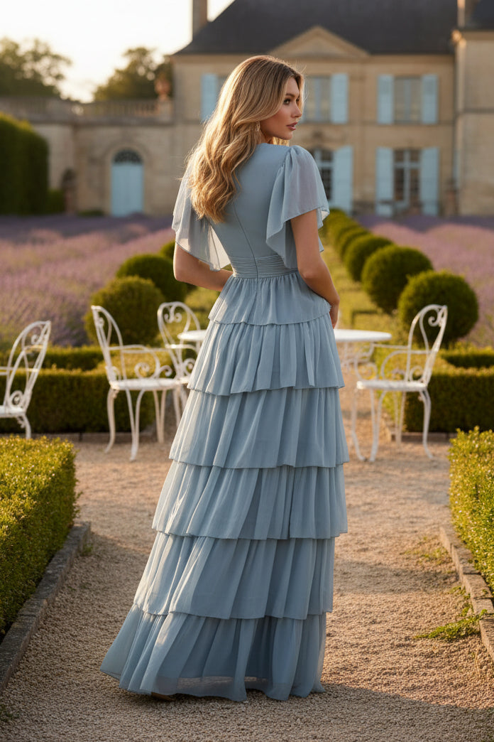Blue Flutter Sleeve V-Neck Ruffle Tiered Evening Dress