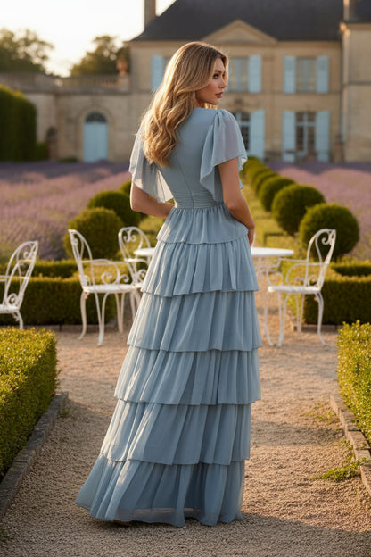 Blue Flutter Sleeve V-Neck Ruffle Tiered Evening Dress