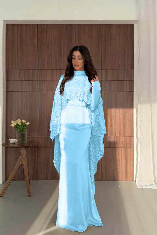 Satin And Lace High Neck Long Sleeves High-Waisted Long Mermaid Prom Dress With Cape