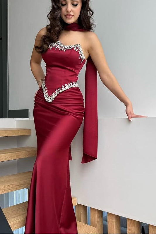 Satin Strapless Sleeveless Long Mermaid Pleated Prom Dress With Ruffles And Appliques