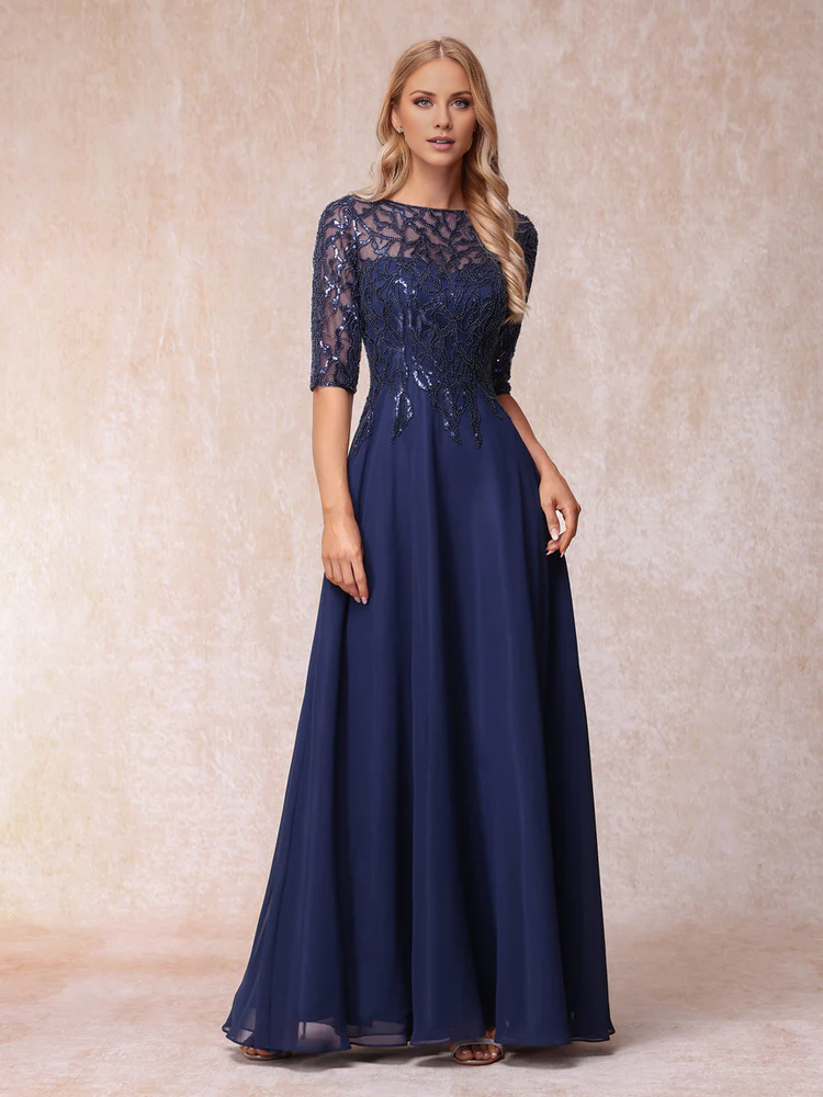 Transparent Collar Half Sleeve Long with Beads and sequins Mother of the bride dress