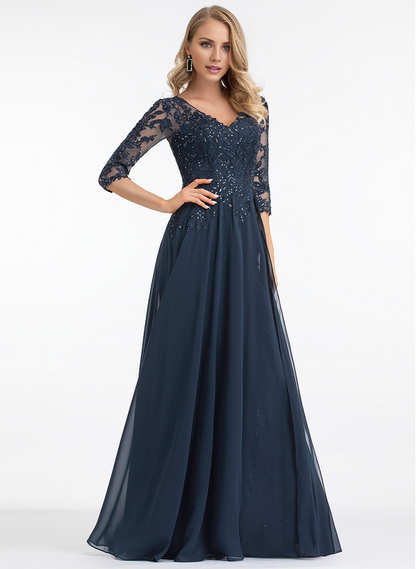 Jimiss A-line V-neck floor mopping lace chiffon with sequins mother of the bride dress