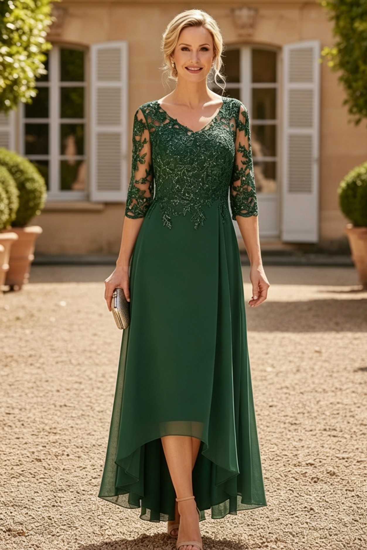 A-Line V-Neck 3/4 Sleeves Chiffon Mother Of The Bride Dresses With Lace
