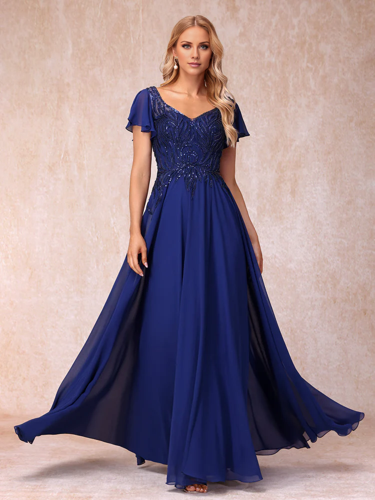 V-neck short sleeved long formal mother of the bride dress