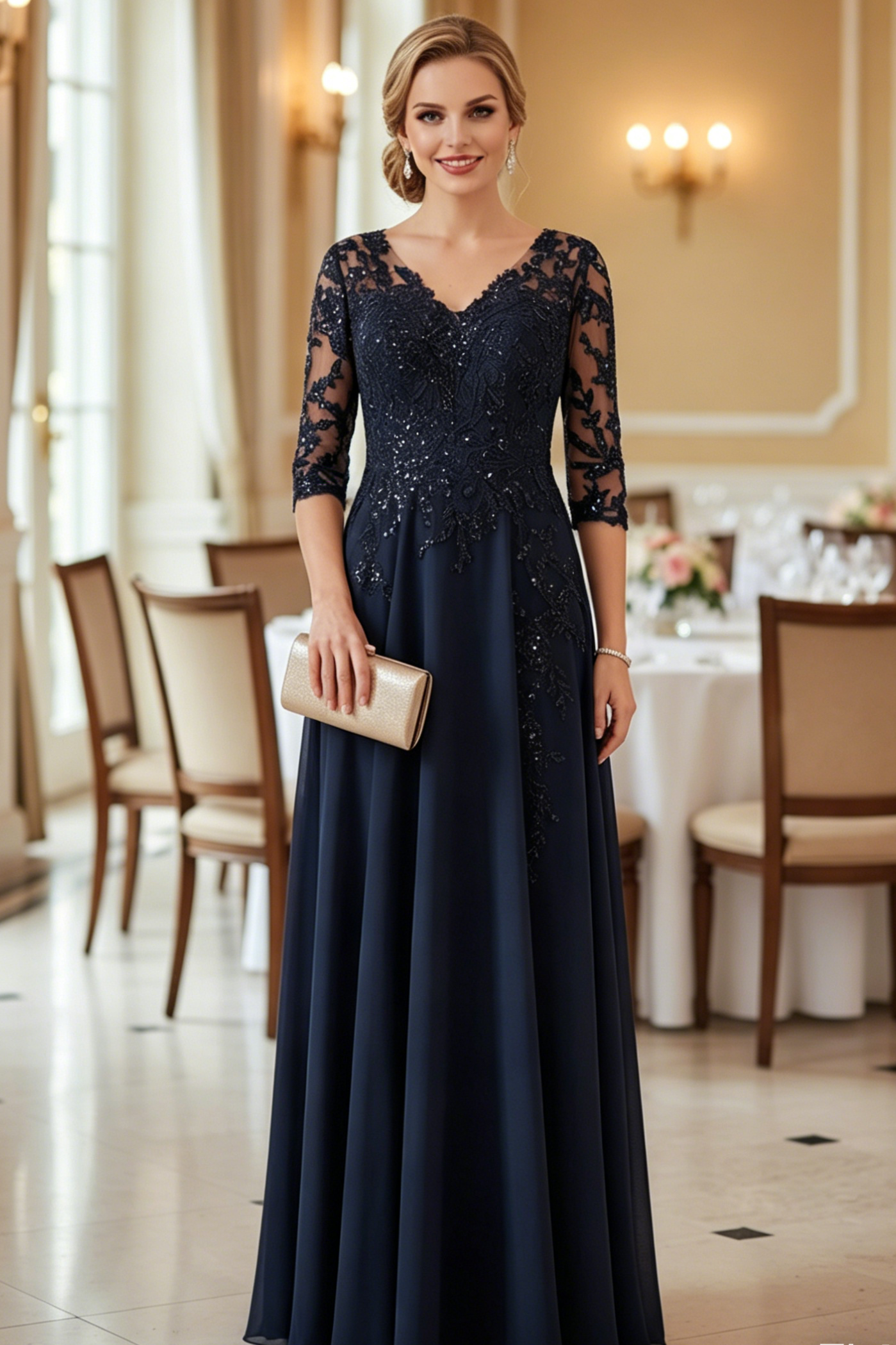 Elegant V-Neck 3/4 Sleeves Floor-Length Chiffon Mother Of The Bride Dresses With Appliques