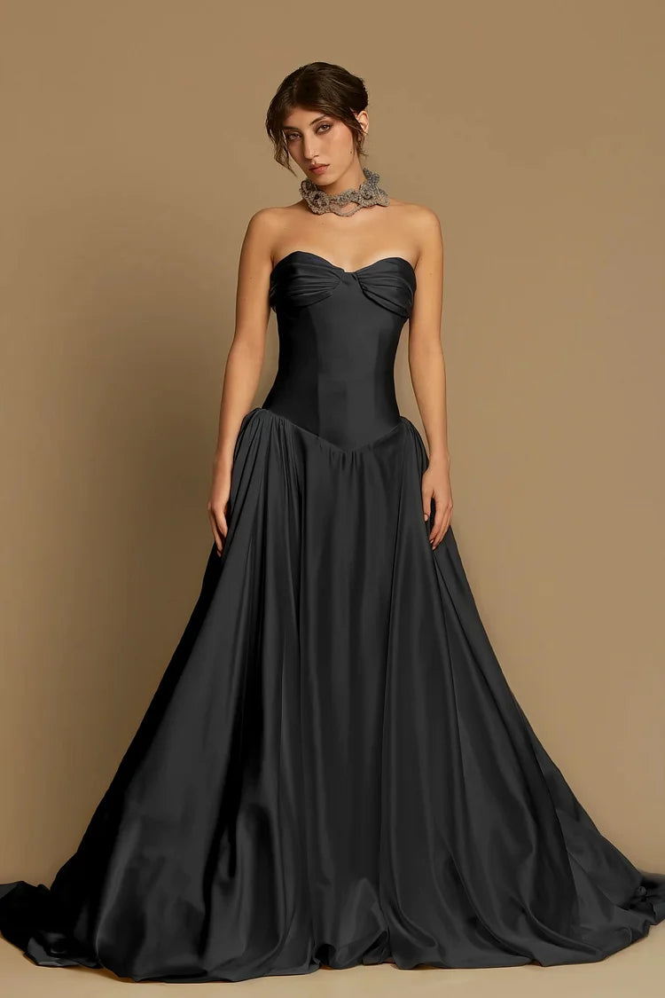 Satin Sweetheart Strapless Sleeveless High Waist Long A-Line Prom Dress With Pleated