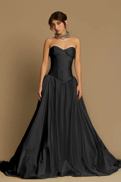 Satin Sweetheart Strapless Sleeveless High Waist Long A-Line Prom Dress With Pleated