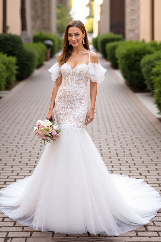 Off-the-Shoulder Tulle Sleeves Mermaid Wedding Dress With Lace Appliques Strings Back