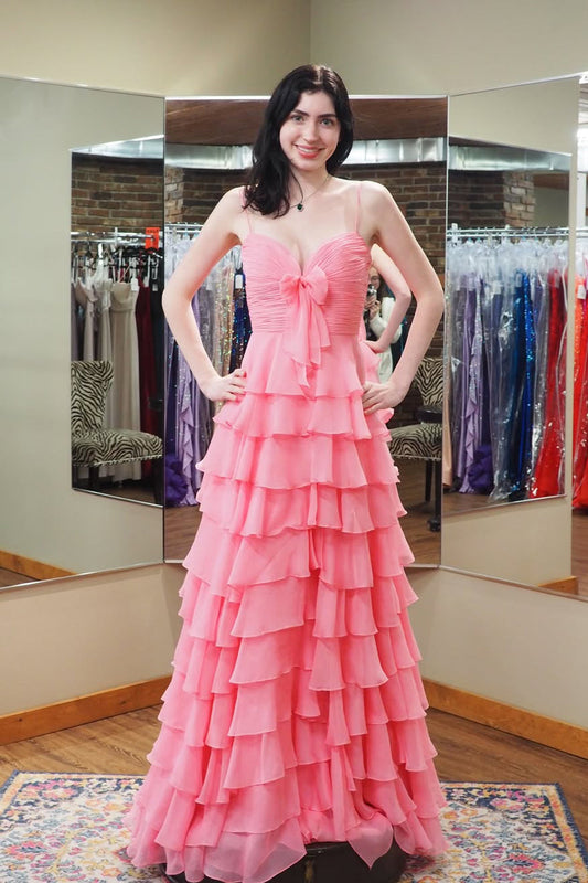 Cute A Line Sweetheart Pink Chiffon Tiered Long Prom Dress