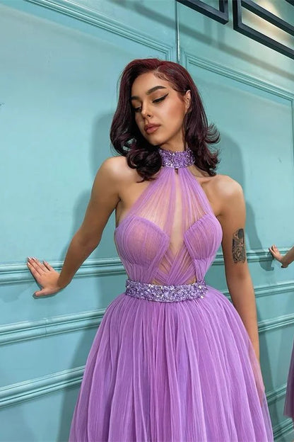 Purple Tulle High Neck Sweetheart Sleeveless A-Line Prom Dress with Beadings