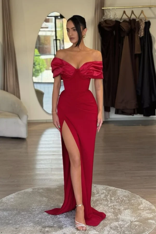 V-Neck Off-The-Shoulder Sleeveless Long Mermaid Prom Dress With Pleated And Split