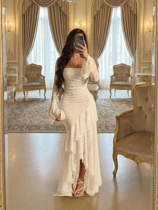 Lace Square Neck Long Sleeves Long Mermaid Prom Dress With Pleated And Ruffles YK0971