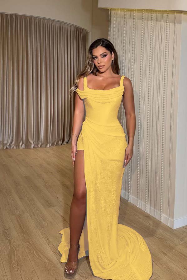 Square Neck Wide Shoulder Straps Sleeveless Long Mermaid Prom Dress With Pleated And High Split