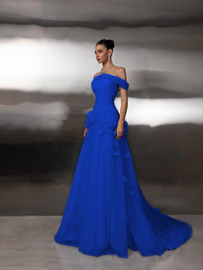 Tulle Off-The-Shoulder Strapless Sleeveless Long Prom Dress With Pleated And Flower Appliqués