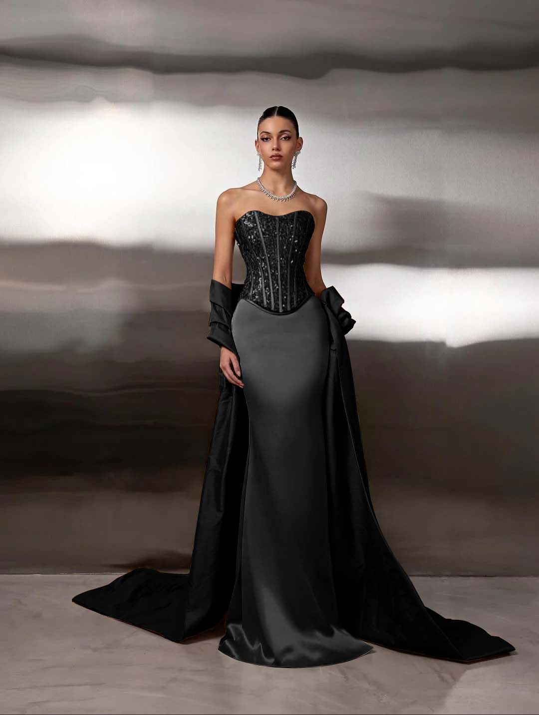 Satin Strapless Sleeveless Long Mermaid Prom Dress With Ruffles And Sequins