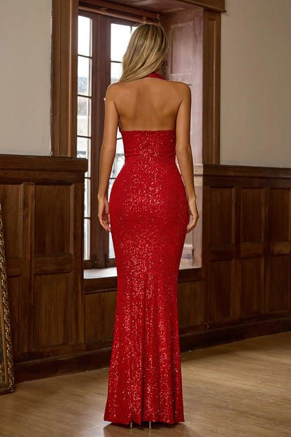 Sparkle Sequins Halter Sleeveless Mermaid Backless Floor-Length Prom Dress