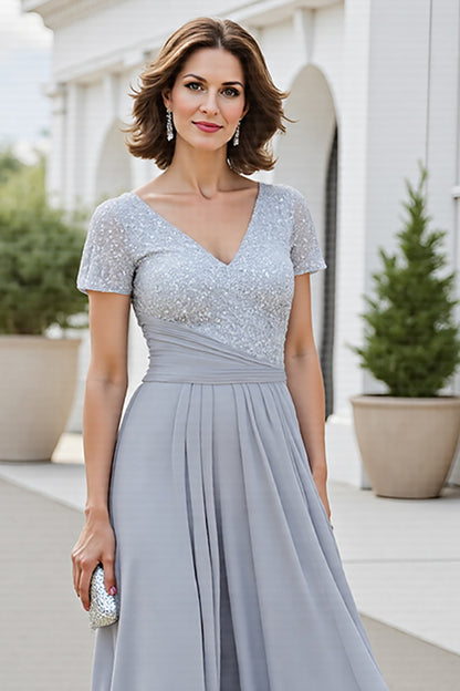 Chiffon Silver V Neck A Line Mother Of The Bride Dress