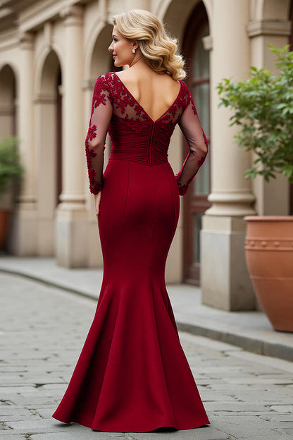 Black Mermaid V-Neck Appliqued Mother Of Bride Dress with Long Sleeves