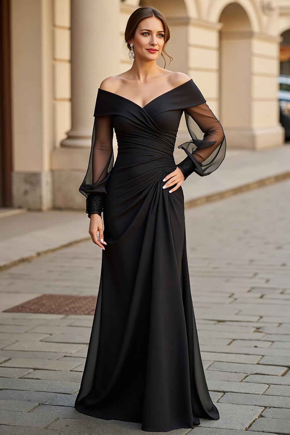 Black Off The Shoulder Ruched Mother Of The Bride Dress with Long Sleeves