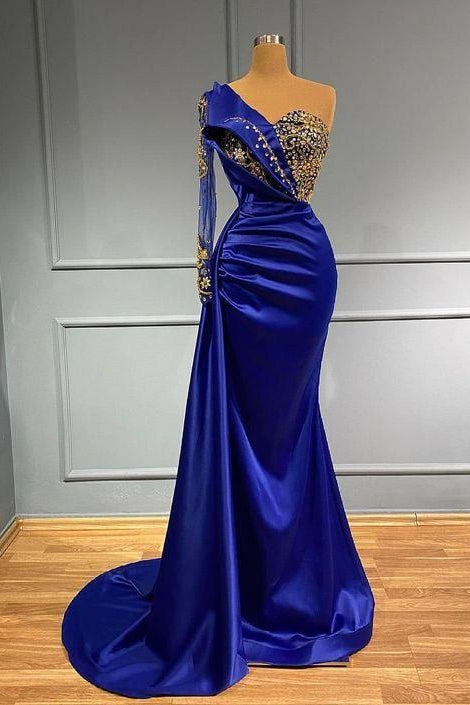 Dark Blue Long Sleeve One Shoulder Pleated Mermaid Prom Dress With Beadings