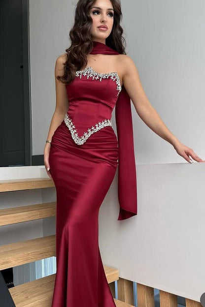 Satin Strapless Sleeveless Long Mermaid Pleated Prom Dress With Ruffles And Appliques
