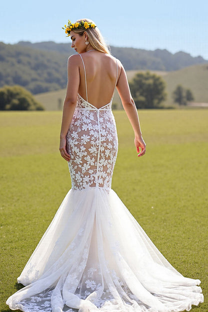 Deep V-Neck Sleeveless Mermaid Wedding Gowns Lace Appliques Open Back