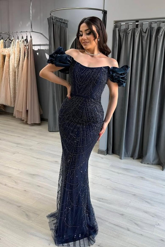 Off the Shoulder Sleeveless Long Mermaid Prom Dress With Beading