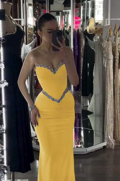 Spandex V-Neck Strapless Sleeveless Long Mermaid Prom Dress With Pleated And Rhinstone
