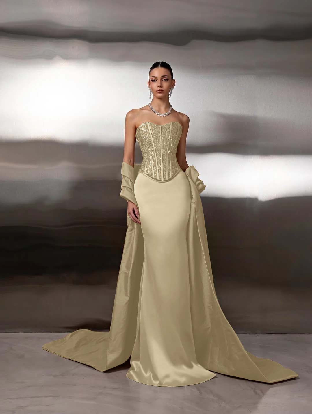 Satin Strapless Sleeveless Long Mermaid Prom Dress With Ruffles And Sequins