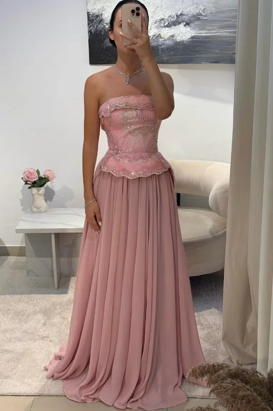 Chic Strapless Sleeveless Long Prom Dress With Pleated Beading