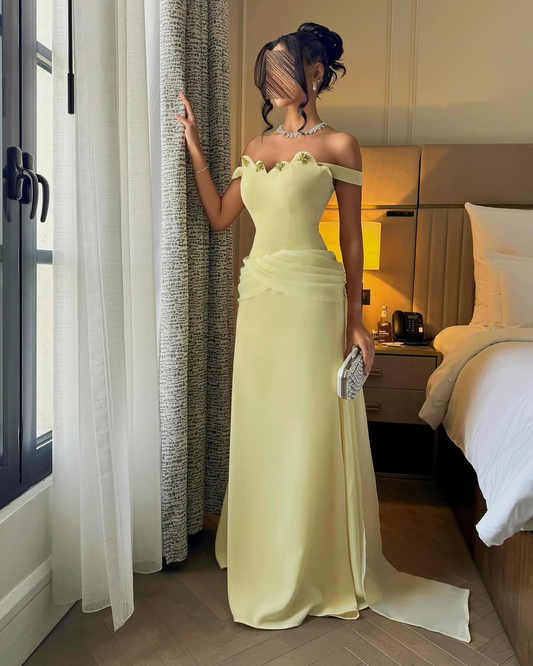 Romantic Daffodil Off-The-Shoulder Pleated Rhinestone Prom Dress With Train YK0779