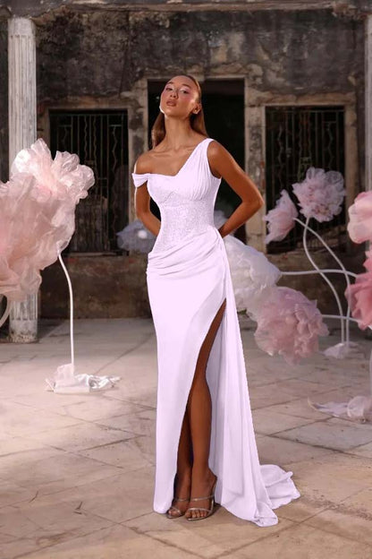 Sleeveless One Shoulder Long Split Prom Dress With Pleated Sequin