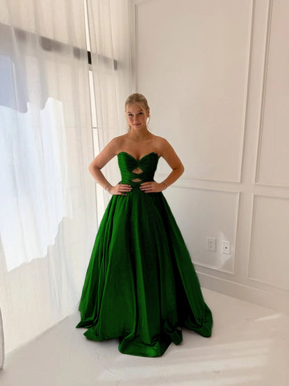 Satin V-Neck Strapless Sleeveless Long A-Line Prom Dress With Pleated And Rhinstone