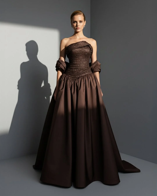 Satin Asymmetric Strapless Sleeveless Long Pleated A-Line Prom Dress With Beadings And Ruffles
