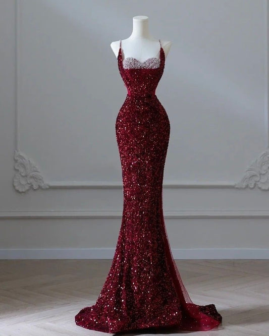 Classy Mermaid Spaghetti Straps Burgundy Sequins For Women Party Dress Long Formal Prom Dresses 18th Birthday Gowns AB1305