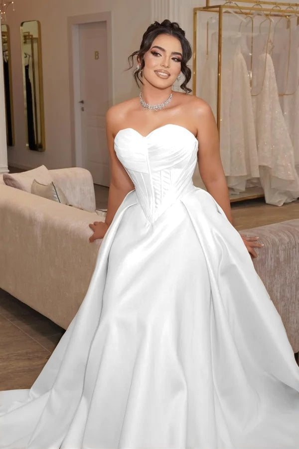 Satin Sweetheart Strapless Sleeveless Long Pleated Mermaid Prom Dress With Corset