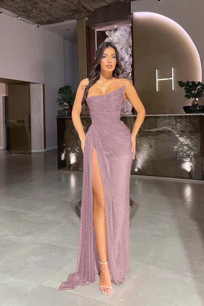 Strapless Sleeveless High Split Long Prom Dress With Pleated
